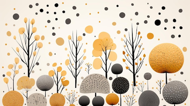 une illustration d'arbres et de feuilles en jaune noir et blanc