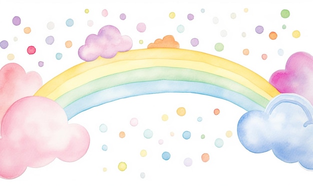 une illustration d'un arc-en-ciel et de nuages avec de petites boules jaunes dans le style d'aquarelles douces