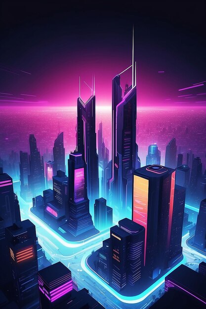 Photo illustration d'architecture urbaine futuriste avec effet de lumière au néon