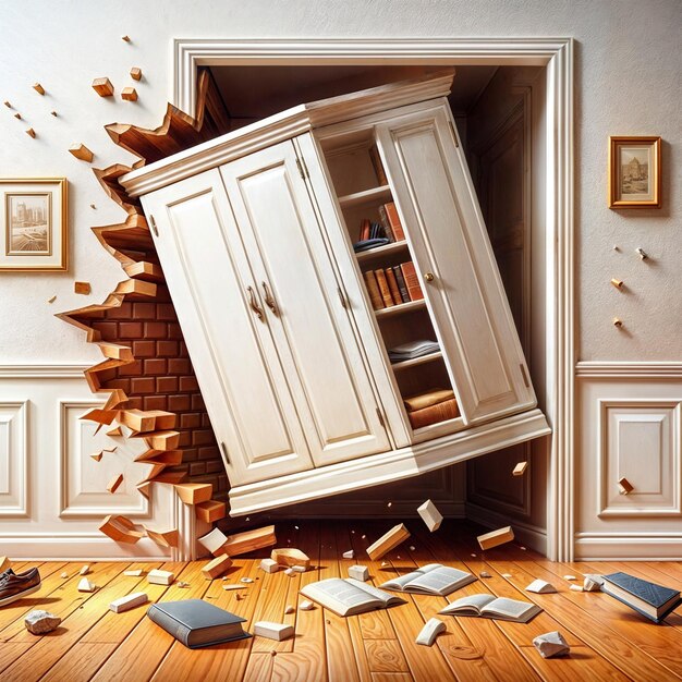 Photo illustration d'une armoire cassée contre le mur