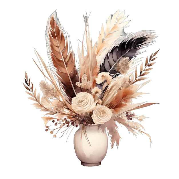 Illustration d'arrangement de bouquet de plumes et de fleurs aquarelles mignonnes