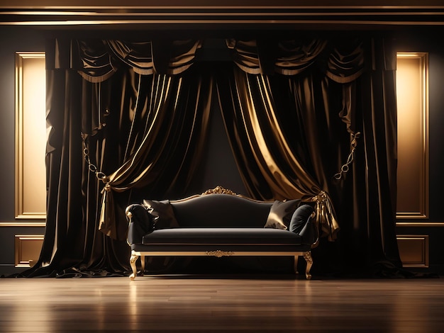 Illustration d'arrière-plan de la pièce vide en 3D Scène de théâtre avec des rideaux de velours en or noir