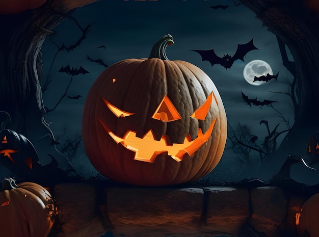 Illustration d'art d'une citrouille d'Halloween avec une lune et des chauves-souris sur fond de maison hantée