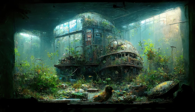 Illustration d'art conceptuel d'aquarium de voûte vide post-apocalyptique