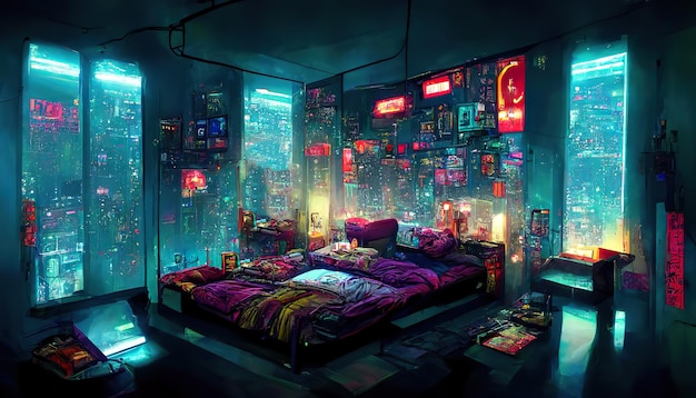 Illustration d'art conceptuel de chambre futuriste cyberpunk confortable