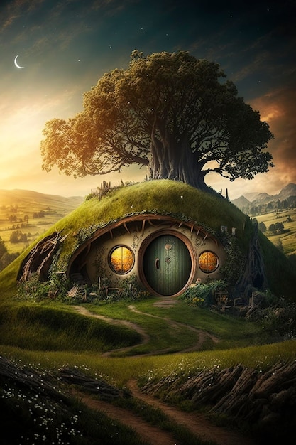 Illustration d'art conceptuel de maison de hobbit générer ai