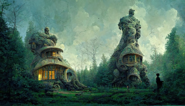 Illustration d'art conceptuel de maisons organiques fantastiques