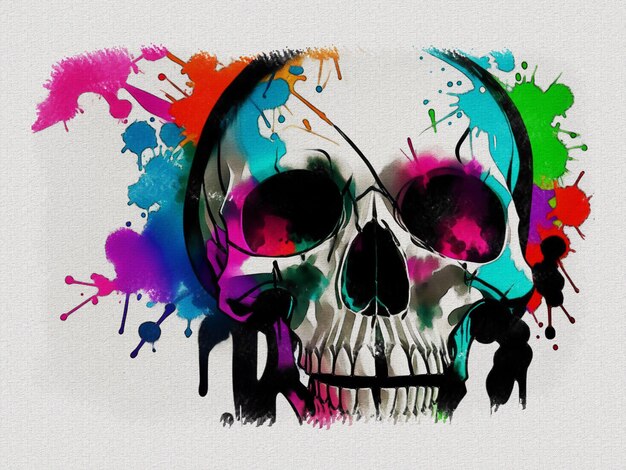 Illustration d'art crâne graffiti coloré aquarelle sur fond de texture de papier blanc