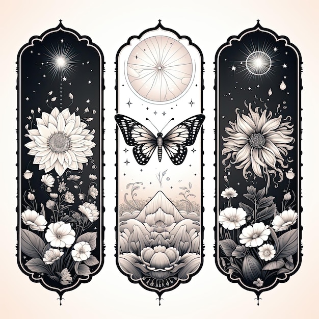 Photo illustration art déco mystique avec des fleurs et un papillon ou un papillon généré par l'ia