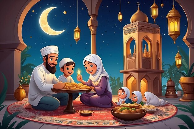 Illustration d'art de dessin animé de Ramadan 2023 avec une famille musulmane célébrant les fêtes du Ramadan et de l'Aïd