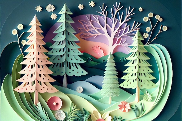 Illustration de l'art du papier découpé avec des épicéas et des fleurs en illustration couleur pastel 3D