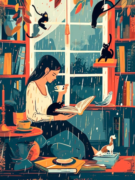 Photo illustration d'art fille avec des chats des livres et du café à l'intérieur de la maison un jour de pluie