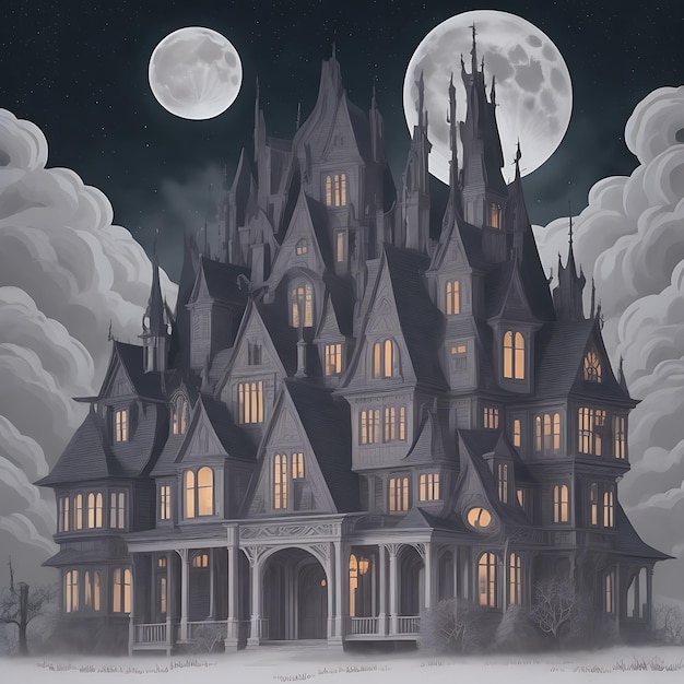 Illustration d'art de fond d'Halloween avec des citrouilles et une maison maléfique hantée ou la lune