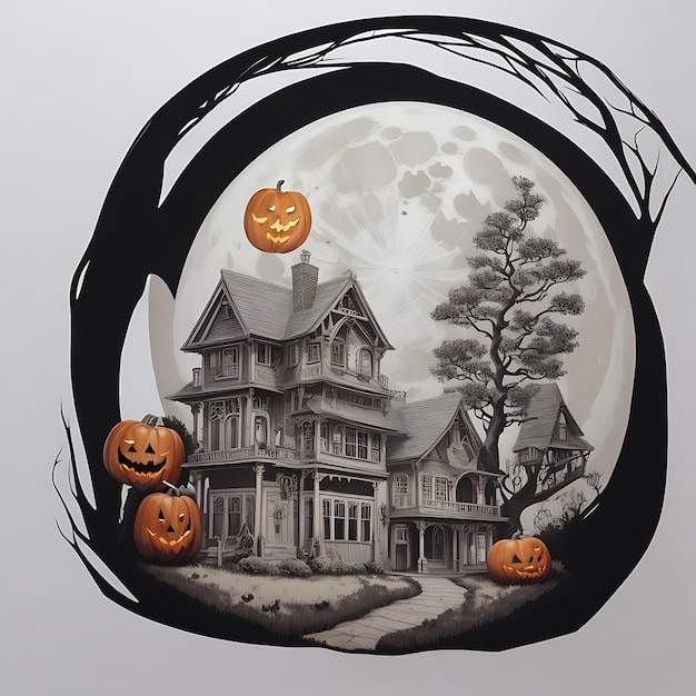 Illustration d'art de fond d'Halloween avec des citrouilles et une maison ou un nuage maléfique hanté