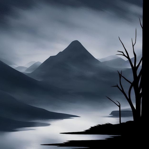 Illustration de l'art génératif paysage vue montagne sombre par AI