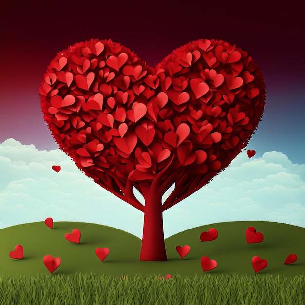 Illustration d'art numérique d'arbre de fleurs rouges en forme de coeur dans un pré vert Arbre de la Saint-Valentin pour la décoration concept romantique