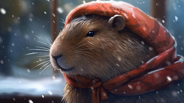 Illustration d'art numérique capybara d'hiver élégant AI générative