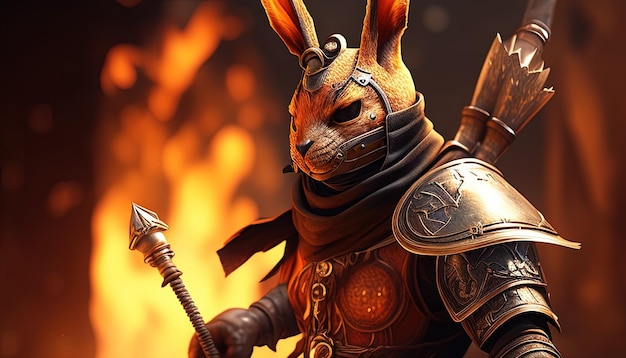 Illustration d'art numérique guerrier lapin de feu IA générative