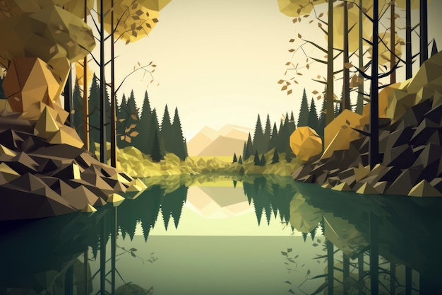 Une illustration d'art numérique d'un lac avec des arbres et des montagnes en arrière-plan.