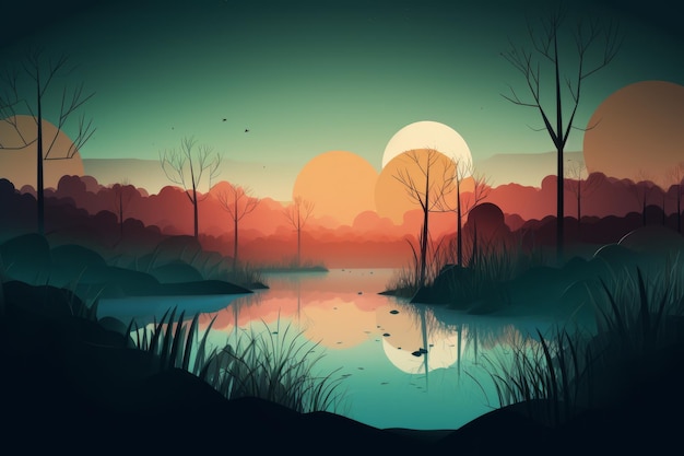 Une illustration d'art numérique d'un lac avec un coucher de soleil et la lune.