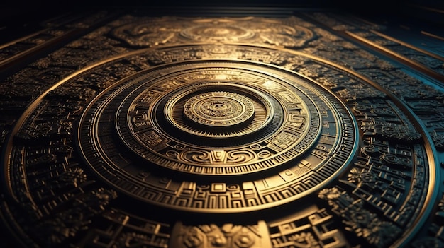 Illustration d'art numérique motif aztèque futuriste doré IA générative