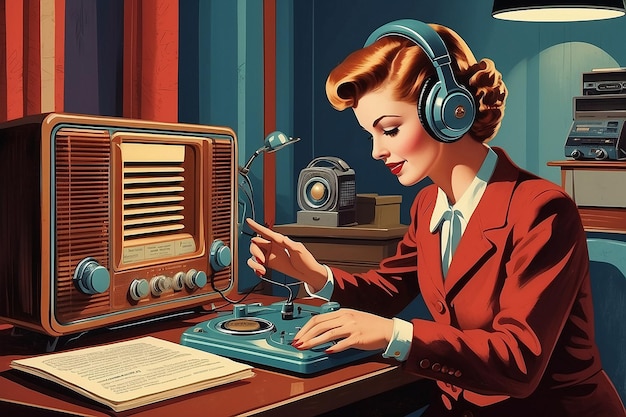 Photo illustration d'art numérique rétro d'une personne utilisant la technologie radio