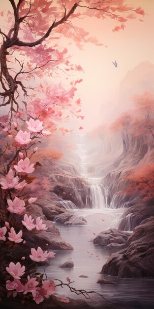 Illustration d'art paysager japonais Cascade et fleurs dans le style Artgerm