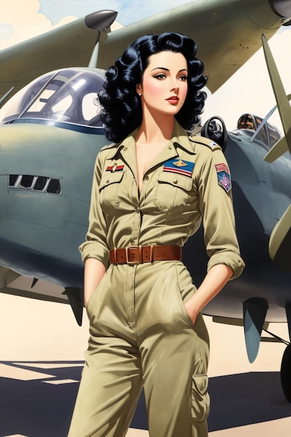 Illustration d'art vintage d'une pilote féminine