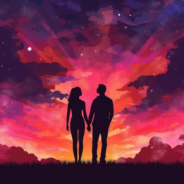 Photo une illustration artistique et abstraite des silhouettes d'un couple contre un ciel de coucher de soleil vibrant