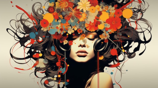 une illustration artistique d'une femme avec des fleurs dans les cheveux
