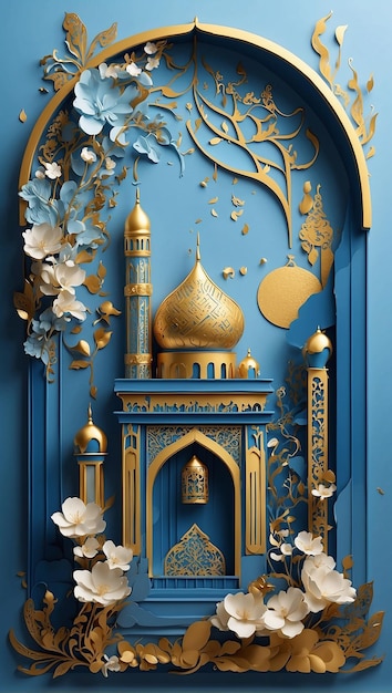 L'illustration artistique représente le Ramadan avec des vibrations bleues et dorées