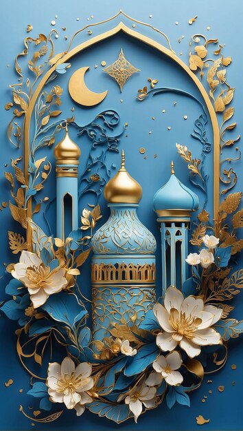 L'illustration artistique représente le Ramadan avec des vibrations bleues et dorées