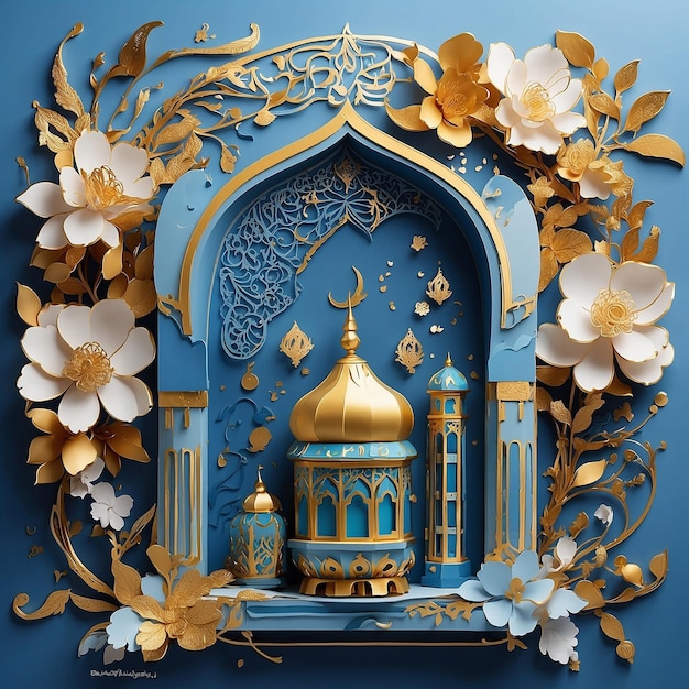 L'illustration artistique représente le Ramadan avec des vibrations bleues et dorées
