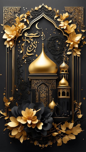 l'illustration artistique représente le Ramadan avec des vibrations noires et dorées