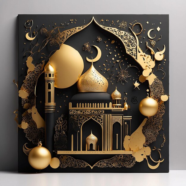 L'illustration artistique représente le Ramadan avec des vibrations noires et dorées