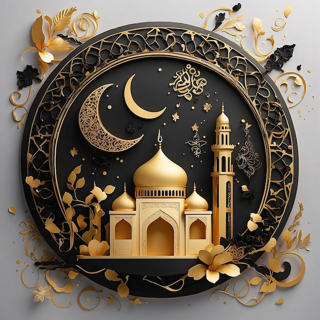 L'illustration artistique représente le Ramadan avec des vibrations noires et dorées