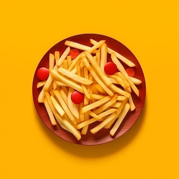 Une illustration d'une assiette de frites à la manière d'un dessin animé très détaillée sur un fond propre et coloré