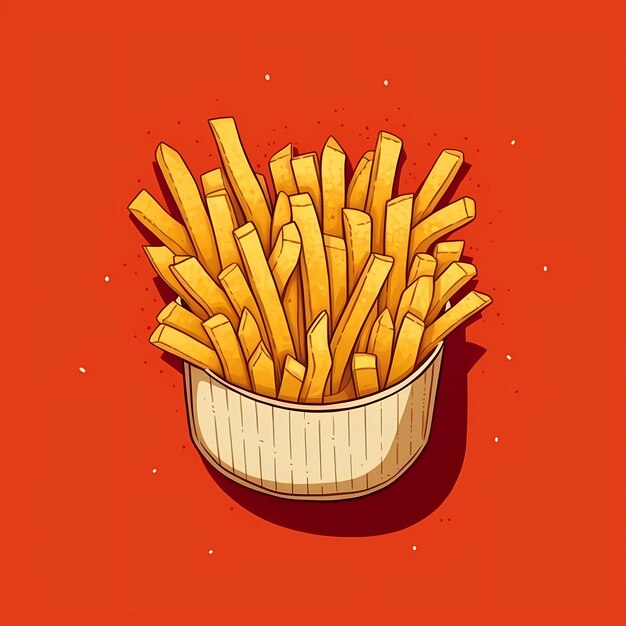 Une illustration d'une assiette de frites à la manière d'un dessin animé très détaillée sur un fond propre et coloré