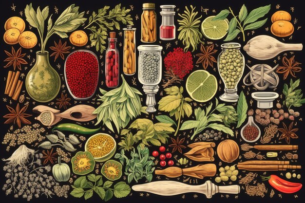 Illustration d'un assortiment d'épices et d'herbes colorées pour l'excellence culinaire