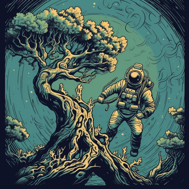 illustration d'un astronaute dans une combinaison spatiale grimpant sur un arbre IA générative