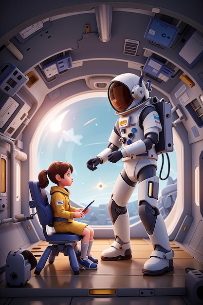 Illustration d'une astronaute et d'un robot dans le vaisseau spatial