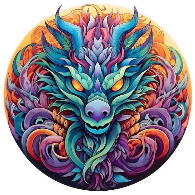 Photo illustration d'un autocollant de carte de noël avec un visage de dragon coloré