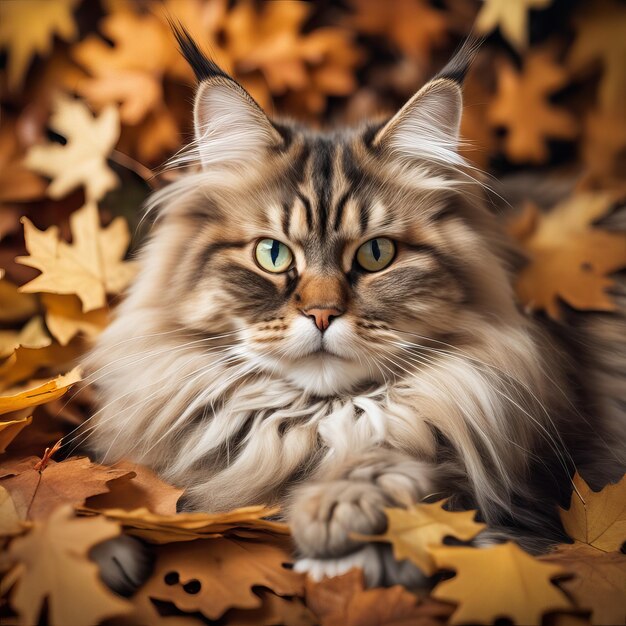 Illustration d'automne Un chat rouge et moelleux parmi les feuilles tombées