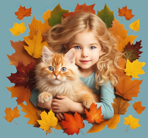 Illustration d'automne Fille et chat parmi les feuilles jaunes