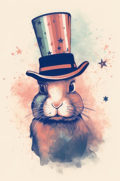 Illustration aux couleurs pastel lapin dans un chapeau