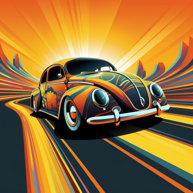 Illustration aux couleurs vives d'une voiture d'époque roulant sur une route générative ai
