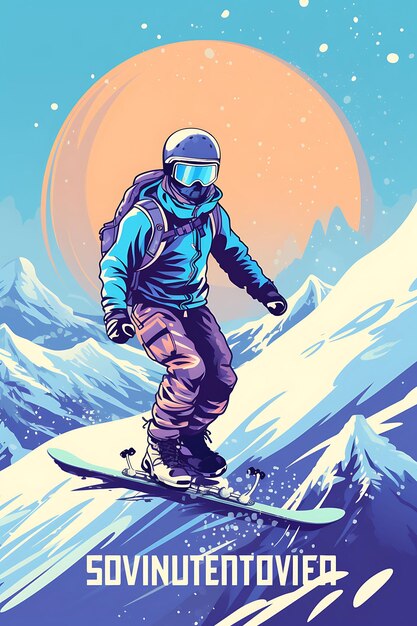 Photo illustration aventure de snowboard dans la neige schéma de couleur tonné cool w flat poste d'art sportif 2d