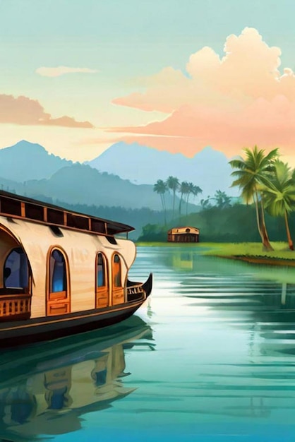 Illustration des backwaters du Kerala Alleppey bateau-maison et station de colline ai généré