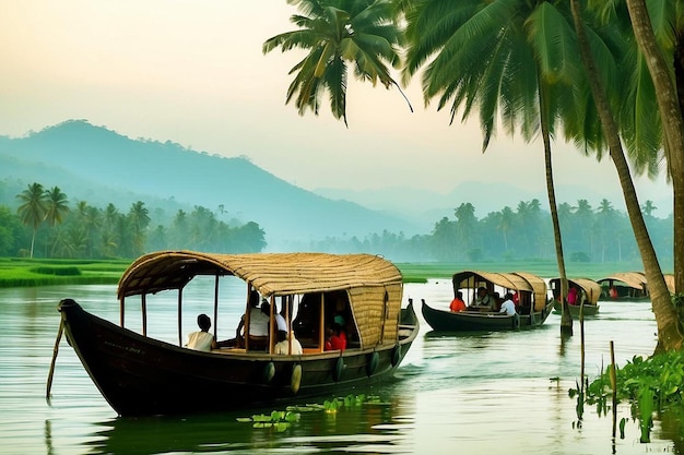 Illustration des backwaters du Kerala Alleppey bateau-maison et station de colline ai généré