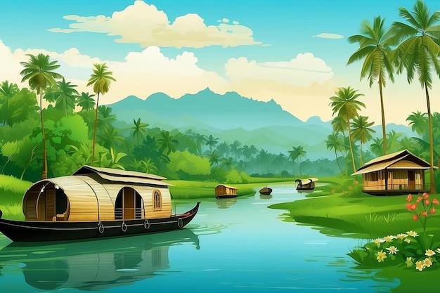 Photo illustration des backwaters du kerala alleppey bateau-maison et station de colline ai généré